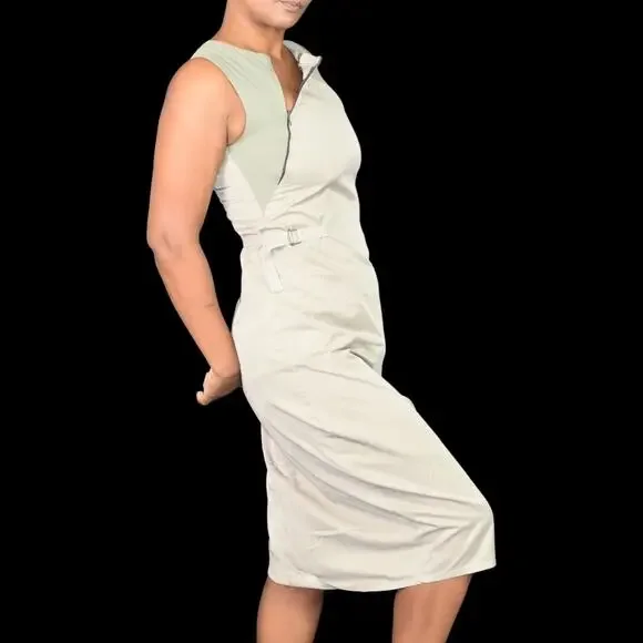 Cargo Utility Midi Dress Tan Khaki Stretch Zippers Parachute Sack Utilitarian XS - Picture 6 of 16